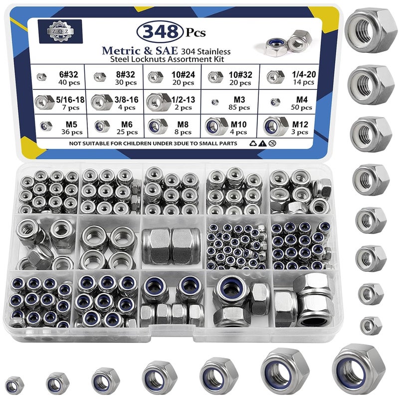 ZQZ 348 Pack SAE & Metric Nylon Insert Locknuts Kit,6#32 8#32 10#24 10#32 1/4-20 5/16-18 3/8-16 1/2-13 M3 M4 M5 M6 M8 M10 M12 304 Stainless Steel Standard Thread Nylock Nuts - Image 1